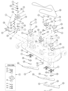 44 Inch Deck Drive And Spindle Assembly Diagram and Parts List for 2518-44 13A208L100-13B288L100 Cub Cadet Lawn Tractor